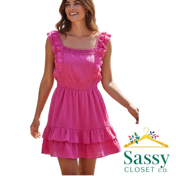 Betsey Johnson Dresses & Skirts - Betsey Johnson Pink Sleeveless Dress Ruffle Smocked Waist Crochet Women’s M EUC